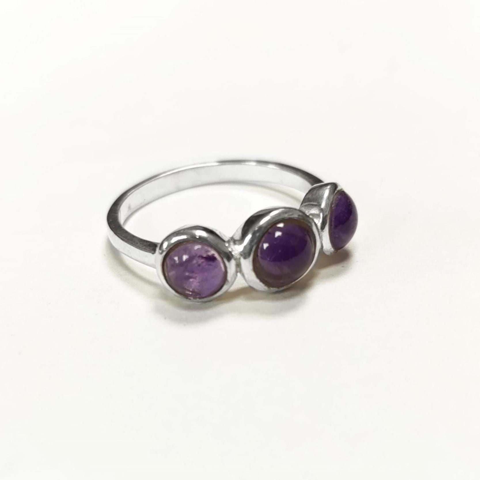 925 Sterling Silver Ring with Three Round Amethyst Stones, Genuine Amethyst Birthstone. Small Unique Jewelry