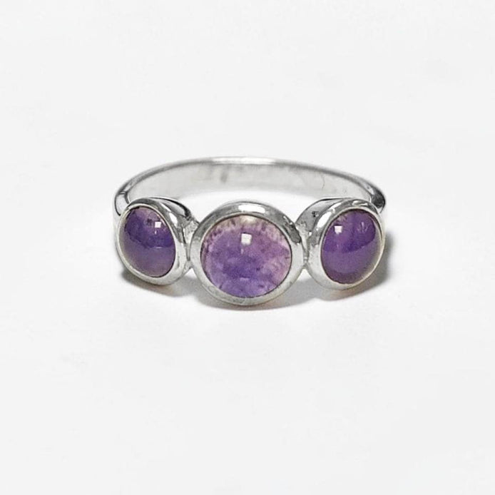925 Sterling Silver Ring with Three Round Amethyst Stones, Genuine Amethyst Birthstone. Small Unique Jewelry