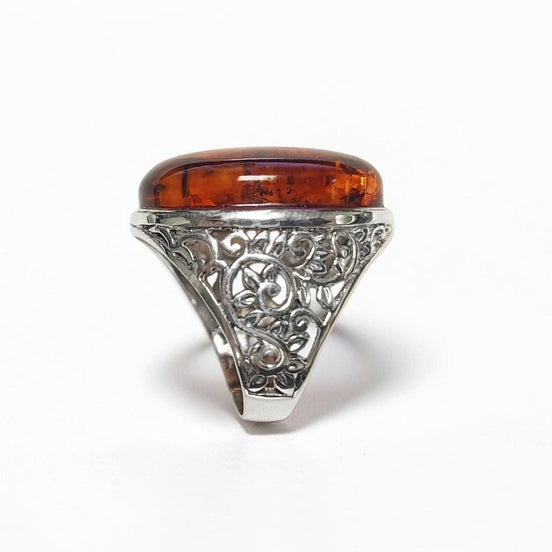 Boho Amber Ring, Sterling Silver 925, GENUINE Amber Gemstone with Inclusions, Intricate Filigree Jewelry, Antique Vintage Bali Bohemian Ring