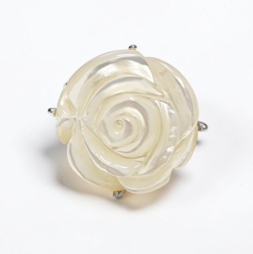 Rose Flower Ring, Sterling Silver, Hand Engraved stone, Mother of Pearl, Hand cut Rose Ring, Unique Floral Ring, Romantic Flower Ring, MOP