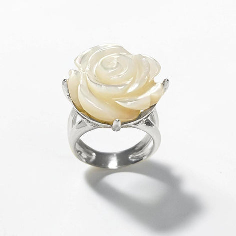 Rose Flower Ring, Sterling Silver, Hand Engraved stone, Mother of Pearl, Hand cut Rose Ring, Unique Floral Ring, Romantic Flower Ring, MOP
