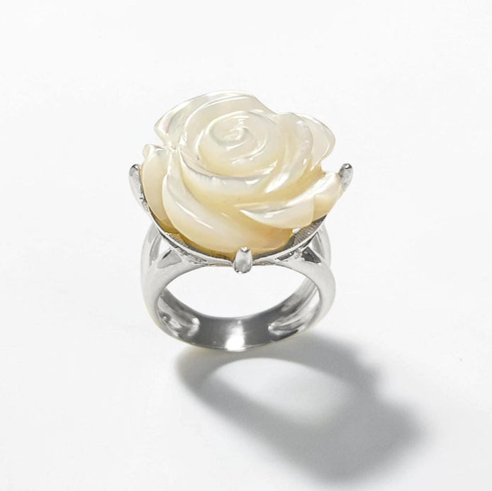 Rose Flower Ring, Sterling Silver, Hand Engraved stone, Mother of Pearl, Hand cut Rose Ring, Unique Floral Ring, Romantic Flower Ring, MOP