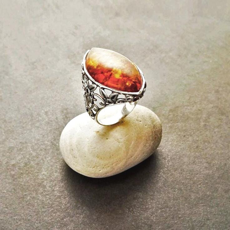 Amber Ring, Sterling Silver Ring, Genuine Amber Gemstone Ring, Filigree Ring, Antique Stone ring, Unique Statement Boho Jewelry