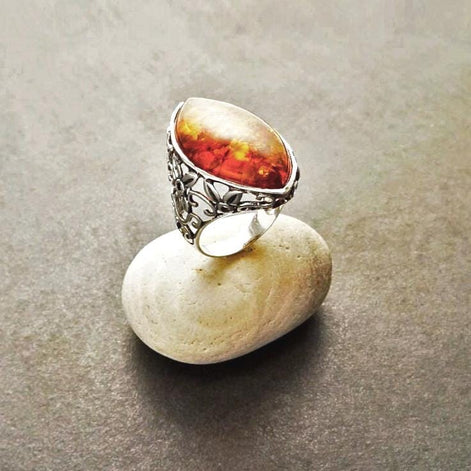 Amber Ring, Sterling Silver Ring, Genuine Amber Gemstone Ring, Filigree Ring, Antique Stone ring, Unique Statement Boho Jewelry
