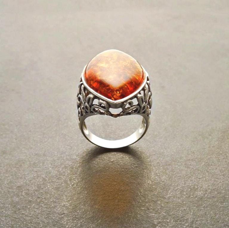 Amber Ring, Sterling Silver Ring, Genuine Amber Gemstone Ring, Filigree Ring, Antique Stone ring, Unique Statement Boho Jewelry