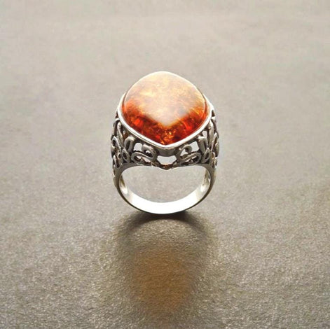 Amber Ring, Sterling Silver Ring, Genuine Amber Gemstone Ring, Filigree Ring, Antique Stone ring, Unique Statement Boho Jewelry