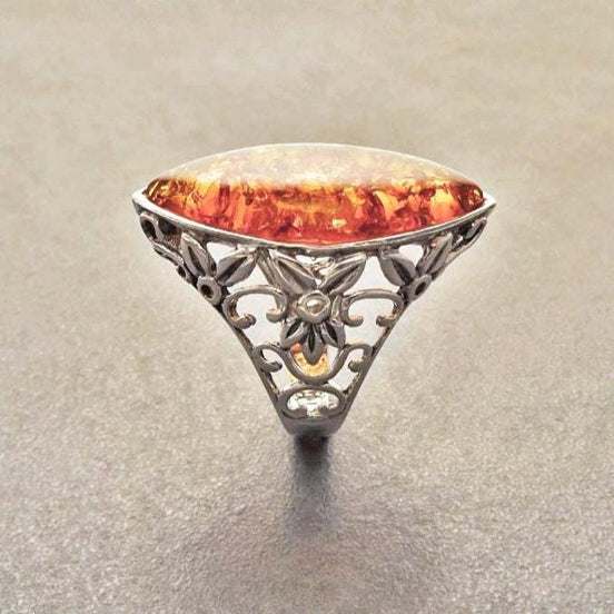 Amber Ring, Sterling Silver Ring, Genuine Amber Gemstone Ring, Filigree Ring, Antique Stone ring, Unique Statement Boho Jewelry