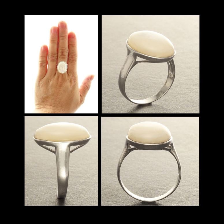 925 domed Oval Mother-of-Pearl Ring, Color Like Pearl Sterling Silver Ring, Hypnotic White Stone