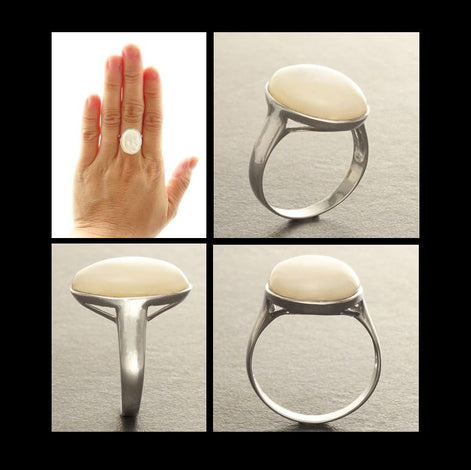 925 domed Oval Mother-of-Pearl Ring, Color Like Pearl Sterling Silver Ring, Hypnotic White Stone