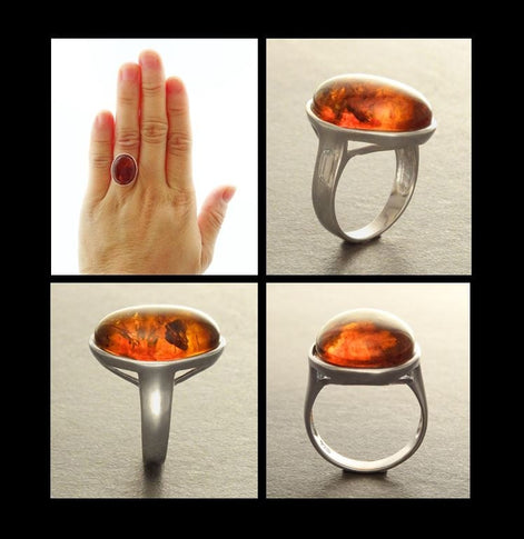 Amber ring 925 sterling silver, genuine cognac color amber with inclusions jewelry, oval stone ring, modern minimalist designer ring