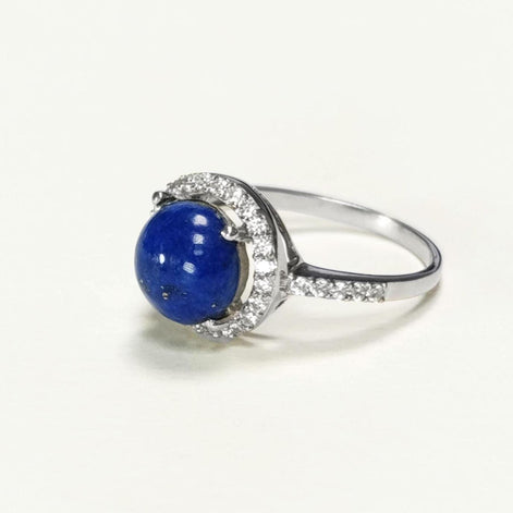 Blue Stone Ring 925 Sterling Silver, Lapis Lazuli Halo Ring, CZ Stones Broder, Natural Gemstone Jewelry