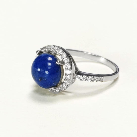 Blue Stone Ring 925 Sterling Silver, Lapis Lazuli Halo Ring, CZ Stones Broder, Natural Gemstone Jewelry
