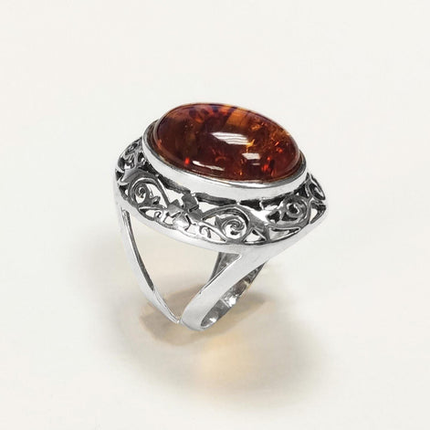 925 Sterling Silver Filigree Amber Ring, Vintage Oval Gemstone Statement Jewelry