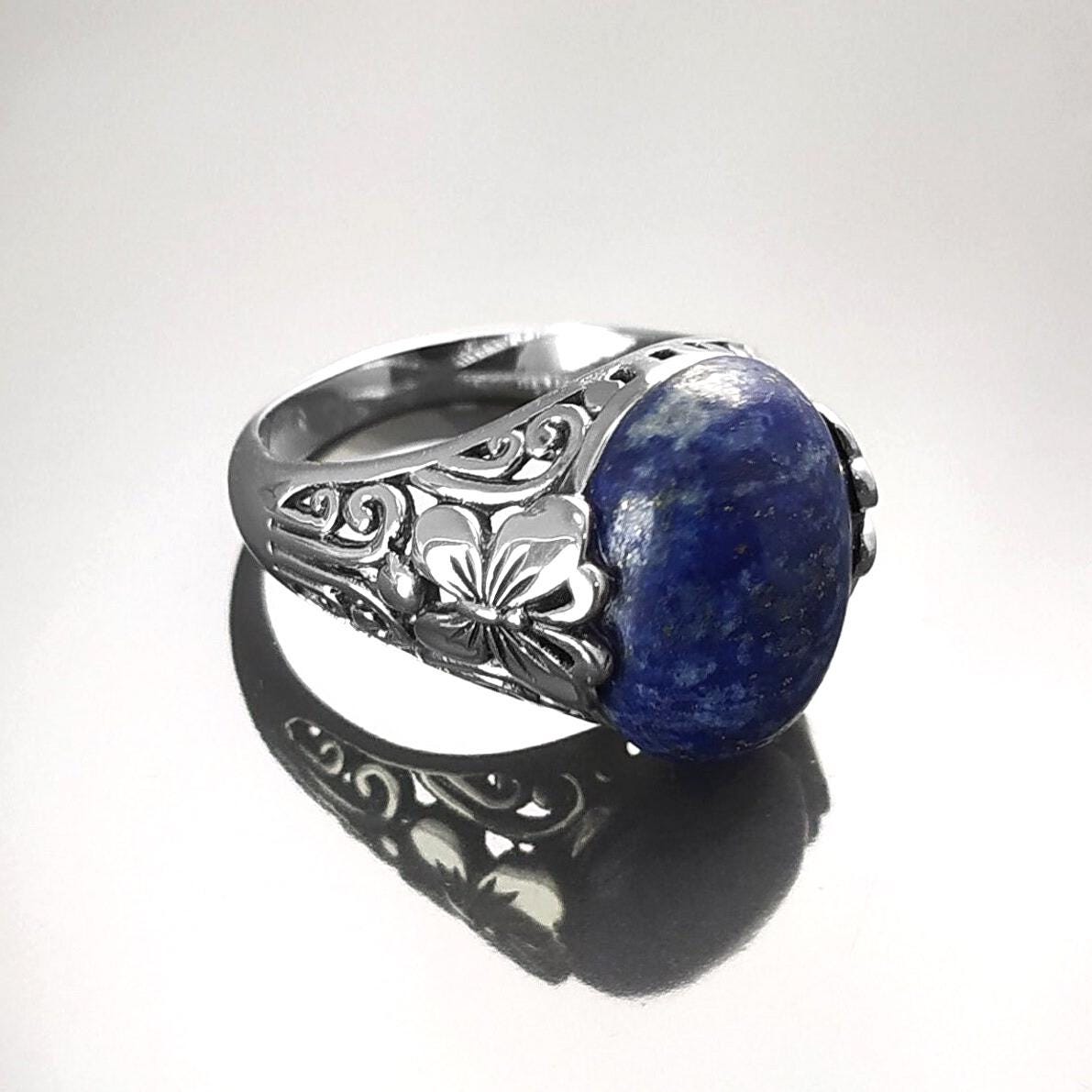 Butterfly Lapis Ring, Sterling Silver, Genuine Blue Lapis Lazuli Gemstone, Oval Stone Jewelry, Boho Filigree Vintage Style, Gift for her