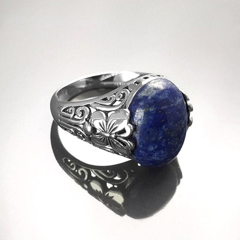 Butterfly Lapis Ring, Sterling Silver, Genuine Blue Lapis Lazuli Gemstone, Oval Stone Jewelry, Boho Filigree Vintage Style, Gift for her