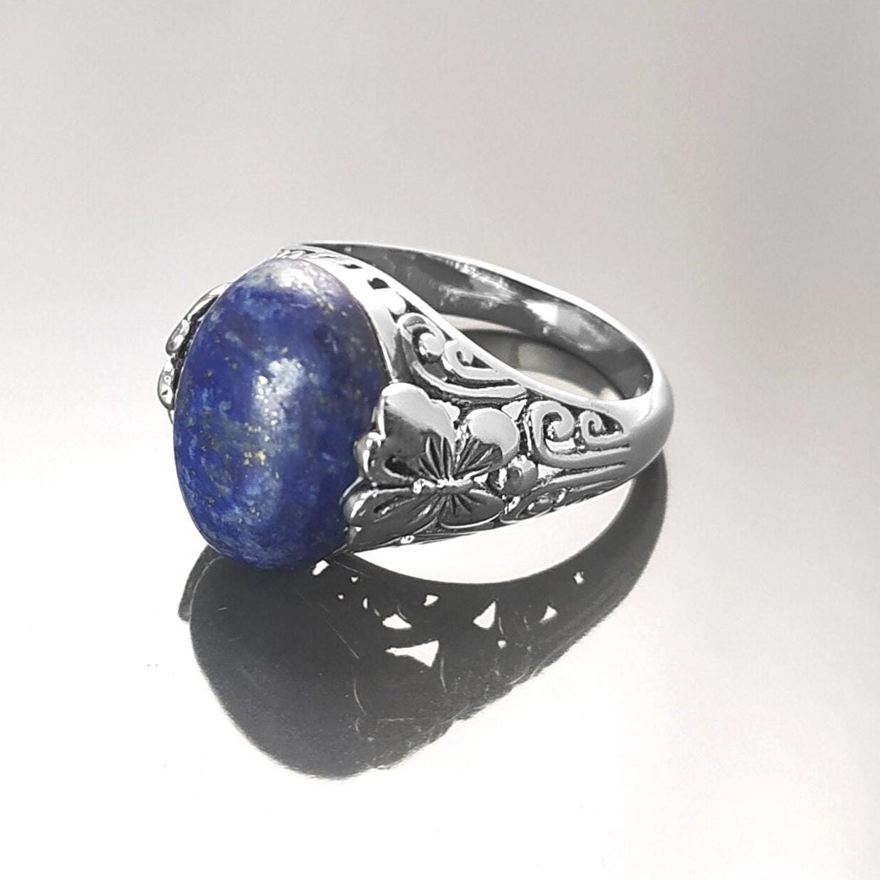 Butterfly Lapis Ring, Sterling Silver, Genuine Blue Lapis Lazuli Gemstone, Oval Stone Jewelry, Boho Filigree Vintage Style, Gift for her