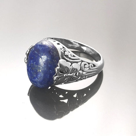 Butterfly Lapis Ring, Sterling Silver, Genuine Blue Lapis Lazuli Gemstone, Oval Stone Jewelry, Boho Filigree Vintage Style, Gift for her