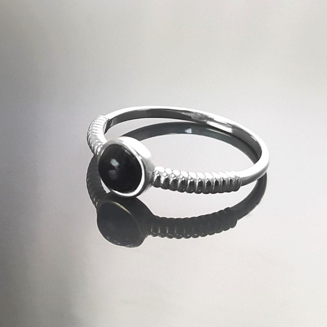 925 Round Onyx Ring, Sterling Silver, Black Onyx Gemstone, Small Domed Stone, Modern Ethnic Chic Braided Band Shank, Casual Style Jewelry