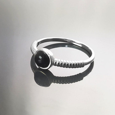 925 Round Onyx Ring, Sterling Silver, Black Onyx Gemstone, Small Domed Stone, Modern Ethnic Chic Braided Band Shank, Casual Style Jewelry
