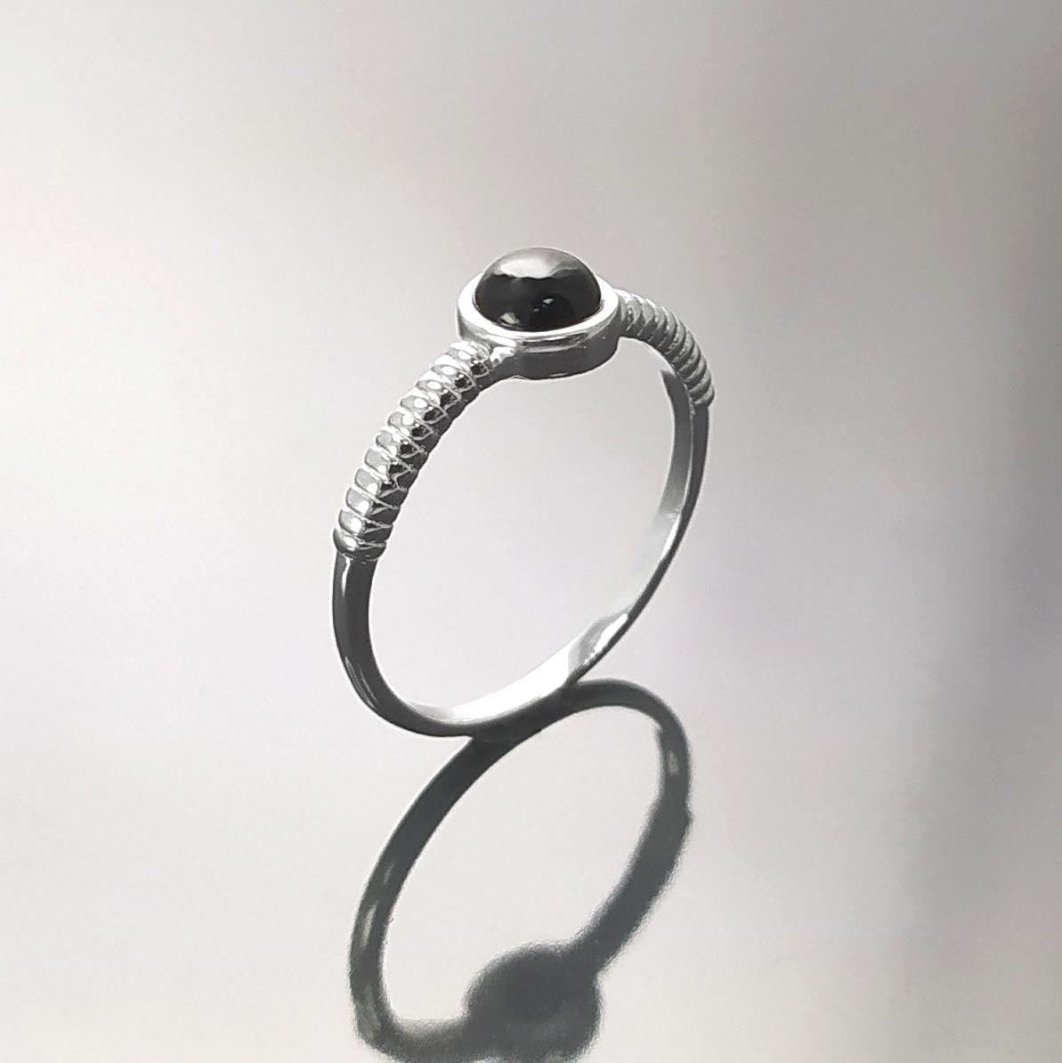 925 Round Onyx Ring, Sterling Silver, Black Onyx Gemstone, Small Domed Stone, Modern Ethnic Chic Braided Band Shank, Casual Style Jewelry