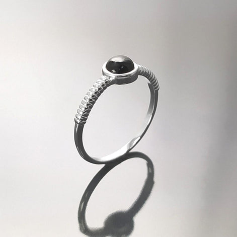 925 Round Onyx Ring, Sterling Silver, Black Onyx Gemstone, Small Domed Stone, Modern Ethnic Chic Braided Band Shank, Casual Style Jewelry