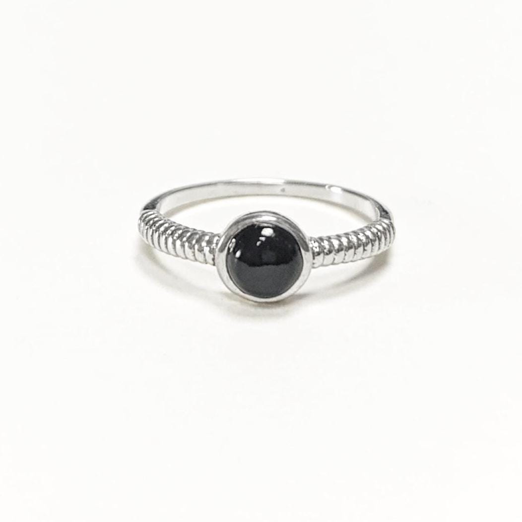925 Round Onyx Ring, Sterling Silver, Black Onyx Gemstone, Small Domed Stone, Modern Ethnic Chic Braided Band Shank, Casual Style Jewelry