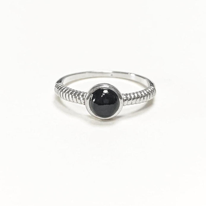 925 Round Onyx Ring, Sterling Silver, Black Onyx Gemstone, Small Domed Stone, Modern Ethnic Chic Braided Band Shank, Casual Style Jewelry