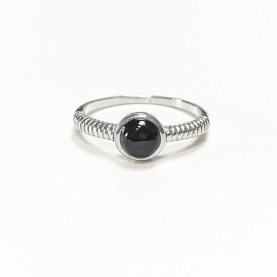 925 Round Onyx Ring, Sterling Silver, Black Onyx Gemstone, Small Domed Stone, Modern Ethnic Chic Braided Band Shank, Casual Style Jewelry