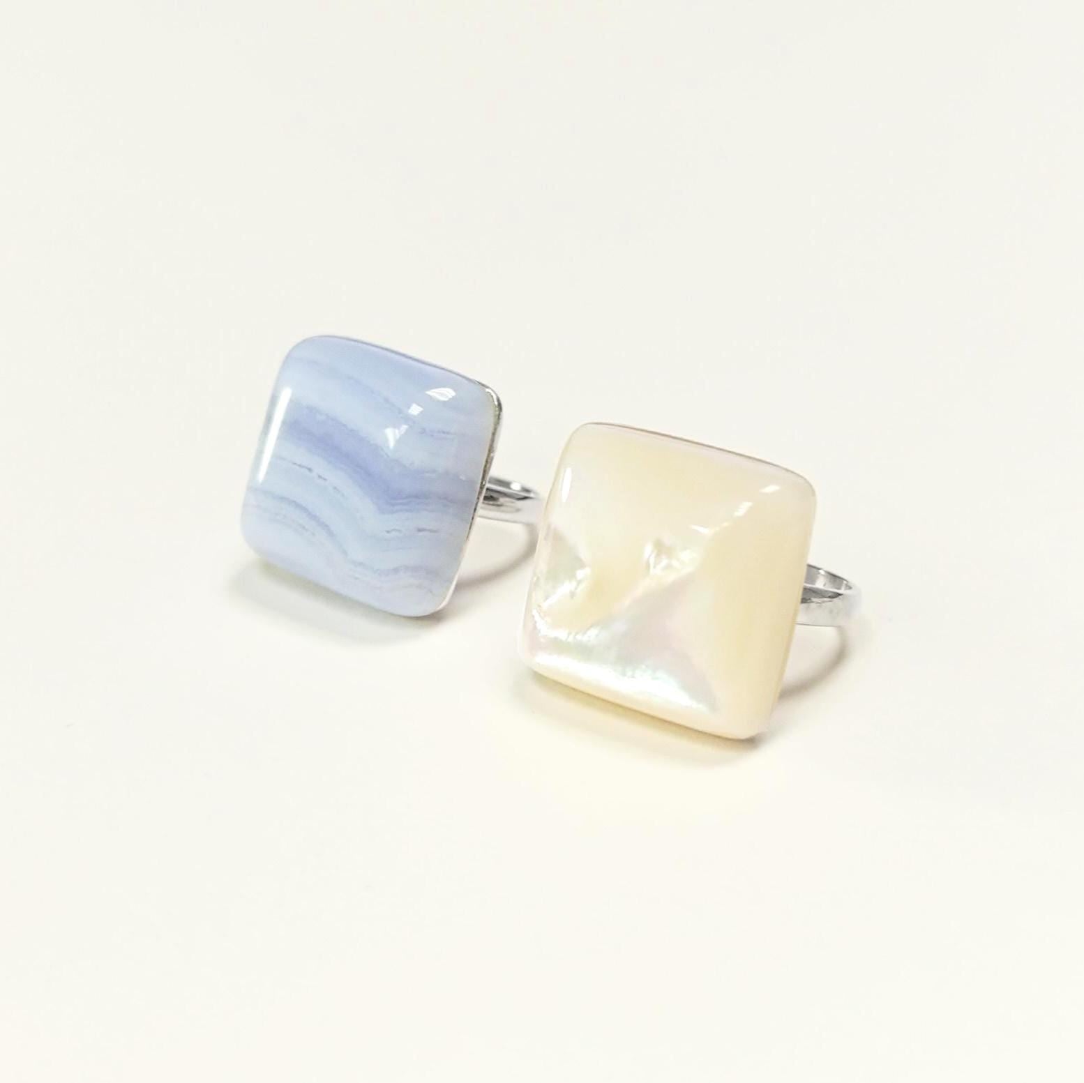 925 NATURAL Chalcedony Blue Square Ring Sterling Silver, Striped Stone, Modern Minimalist Geometric Lined Style, Designer Jewelry