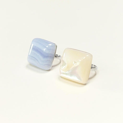 925 NATURAL Chalcedony Blue Square Ring Sterling Silver, Striped Stone, Modern Minimalist Geometric Lined Style, Designer Jewelry