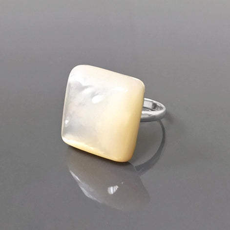 White Square Ring, Sterling Silver, Natural Mother of Pearl Shell, Designer Geometrical Foursquare Stone Jewelry, Statement Minimalist Ring