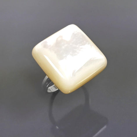 White Square Ring, Sterling Silver, Natural Mother of Pearl Shell, Designer Geometrical Foursquare Stone Jewelry, Statement Minimalist Ring