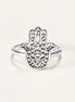 Product type: ring
Material: sterling silver
Color: silver
Style: spiritual, symbolic, boho, delicate
Design details: Hamsa hand motif, centered evil eye symbol, openwork detailing, slim sterling silver band, minimalist everyday silhouette
Best for: everyday wear, symbolic jewelry lovers, spiritual gifting, protection-themed jewelry, stacking, birthdays, anniversaries, Mother’s Day