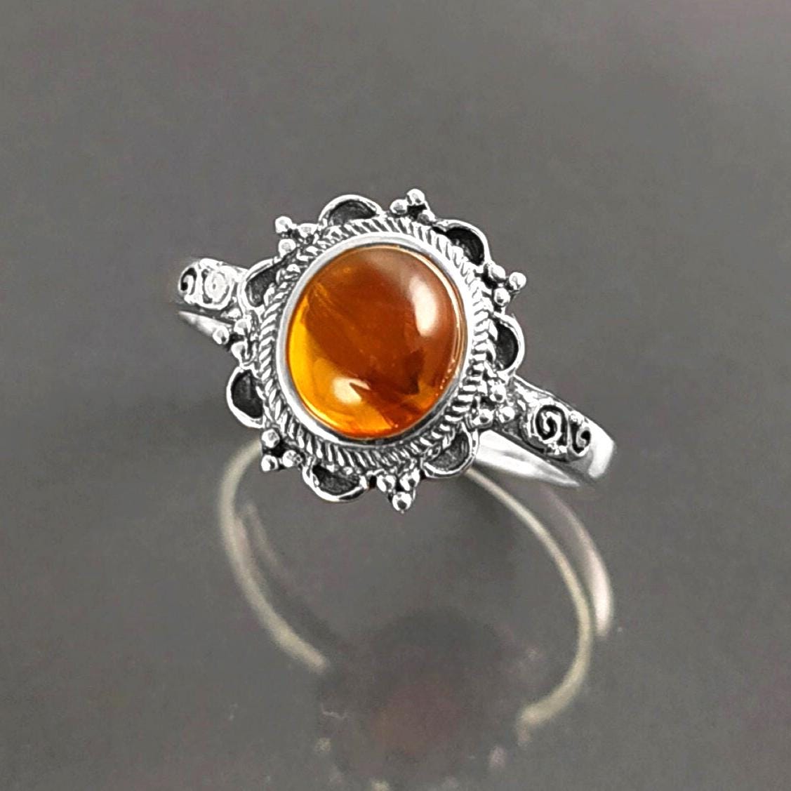 Genuine Amber Ring Solid 925 Silver Victorian Antique Style Jewelry Natural Stone Gift