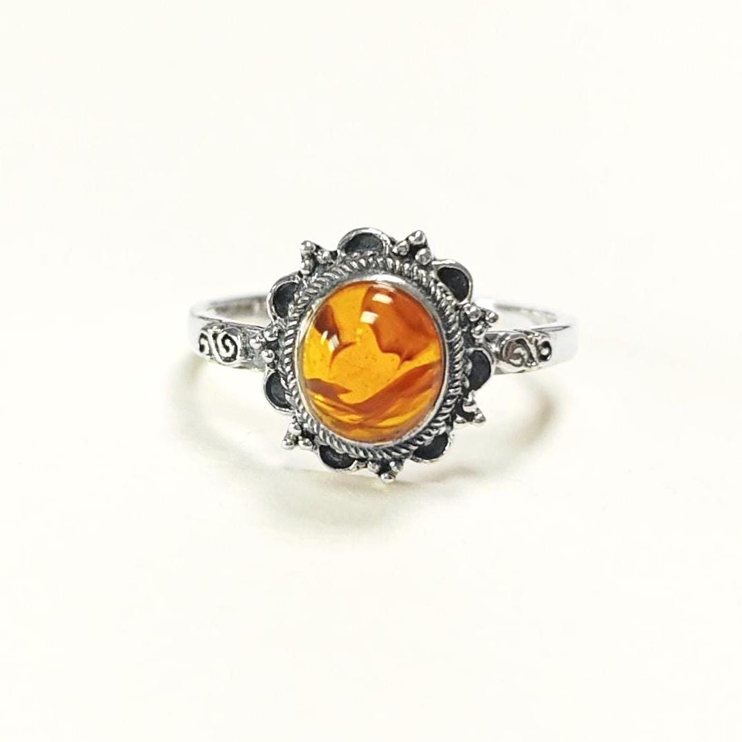 Genuine Amber Ring • Solid 925 Silver • Victorian Antique Style Jewelry • Natural Stone Gift