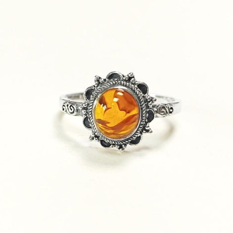 Genuine Amber Ring • Solid 925 Silver • Victorian Antique Style Jewelry • Natural Stone Gift