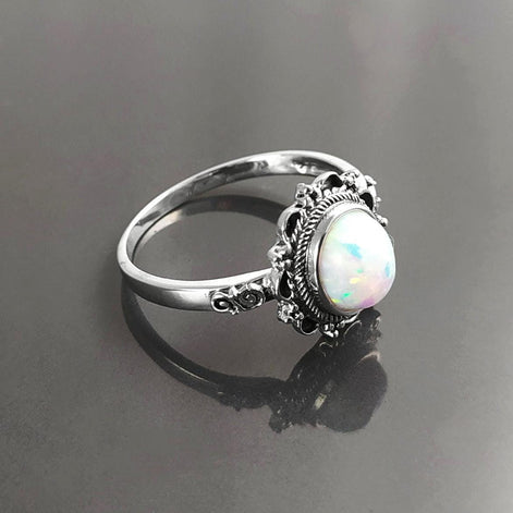 925 Vintage Opal Ring, Sterling Silver, White Fire Opal Gemstone Jewelry, Oval Fiery Opal Stone Jewelry, Woman Boho Tribal Style Gift