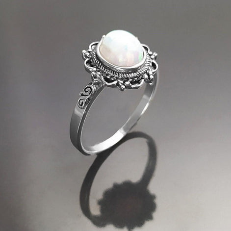 925 Vintage Opal Ring, Sterling Silver, White Fire Opal Gemstone Jewelry, Oval Fiery Opal Stone Jewelry, Woman Boho Tribal Style Gift