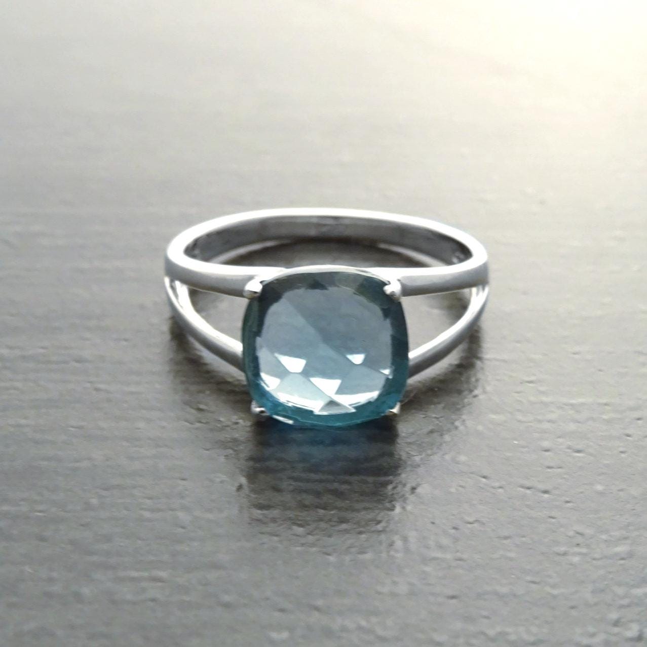 Blue Square Ring, Sterling Silver, Lab Blue Aquamarine simulant Stone (CZ) Ring, Modern Square Stones Ring, Engagement Solitaire Jewelry