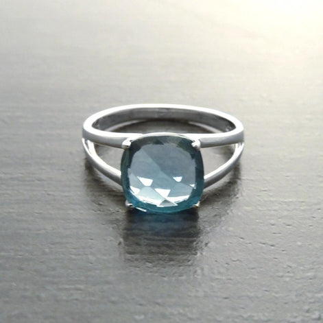Blue Square Ring, Sterling Silver, Lab Blue Aquamarine simulant Stone (CZ) Ring, Modern Square Stones Ring, Engagement Solitaire Jewelry