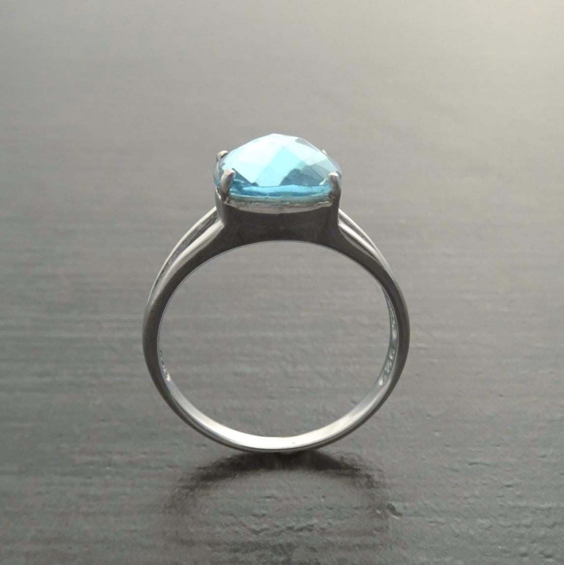 Blue Square Ring, Sterling Silver, Lab Blue Aquamarine simulant Stone (CZ) Ring, Modern Square Stones Ring, Engagement Solitaire Jewelry