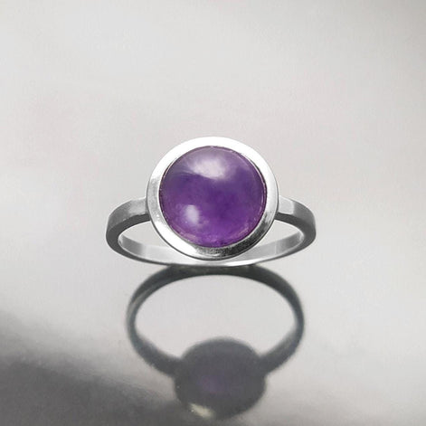 Round Amethyst Ring, Sterling Silver, Purple Stone Ring, Natural Purple Amethyst Gemstone Birthstone Jewelry, Modern Minimalist Style Gift