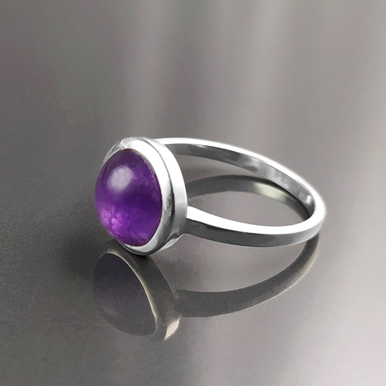 Round Amethyst Ring, Sterling Silver, Purple Stone Ring, Natural Purple Amethyst Gemstone Birthstone Jewelry, Modern Minimalist Style Gift
