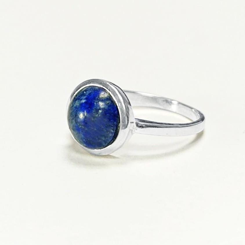 925 Lapis Ring Sterling Silver, Round Blue Stone Ring, Genuine Blue Lapis Lazuli Gemstone Birthstone Jewelry, Modern Minimalist Style Gift