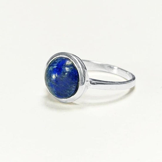 925 Lapis Ring Sterling Silver, Round Blue Stone Ring, Genuine Blue Lapis Lazuli Gemstone Birthstone Jewelry, Modern Minimalist Style Gift