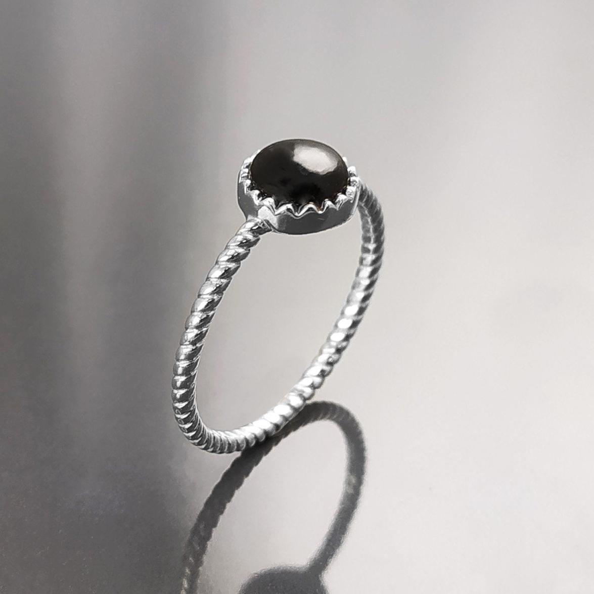 925 Black Round Ring , Sterling Silver, Genuine Black Onyx Domed Stone, Boho Braided Band Ring, Minimalist Everyday Style jewelry