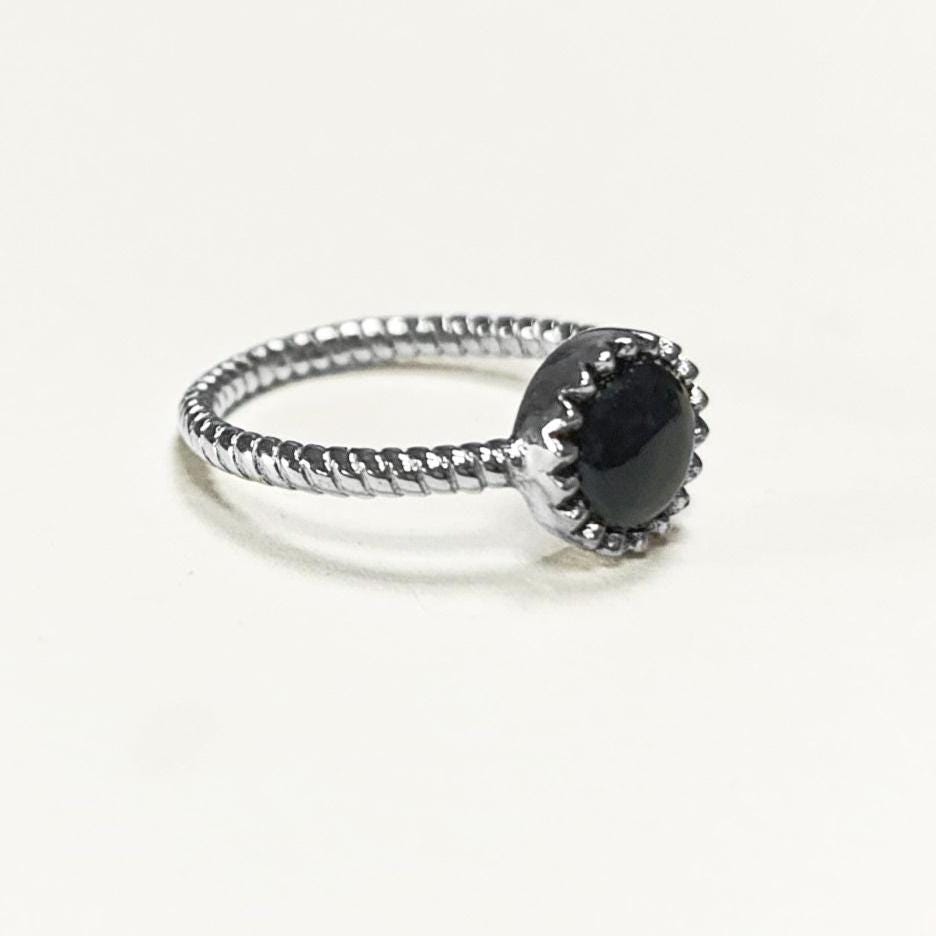 925 Black Round Ring , Sterling Silver, Genuine Black Onyx Domed Stone, Boho Braided Band Ring, Minimalist Everyday Style jewelry