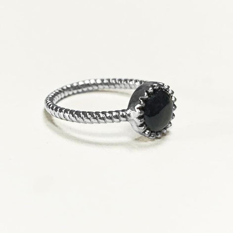 925 Black Round Ring , Sterling Silver, Genuine Black Onyx Domed Stone, Boho Braided Band Ring, Minimalist Everyday Style jewelry