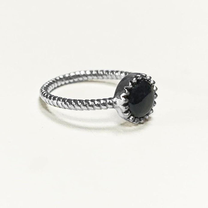 925 Black Round Ring , Sterling Silver, Genuine Black Onyx Domed Stone, Boho Braided Band Ring, Minimalist Everyday Style jewelry