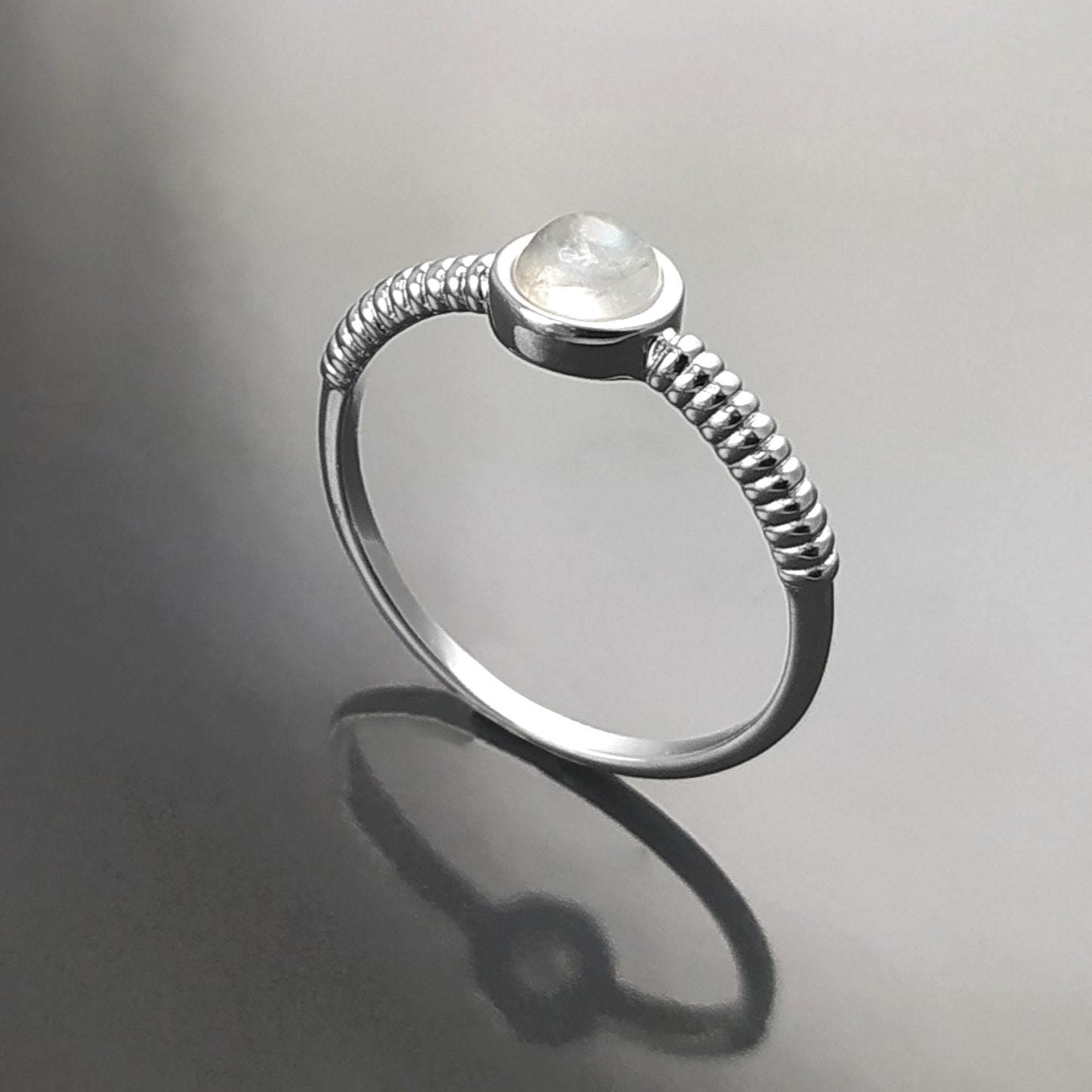 925 Round Moonstone Ring, Sterling Silver, Rainbow Gemstone, Small Domed Stone, Modern Ethnic Chic Braided Band Shank, Casual Style Jewelry
